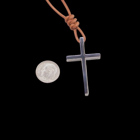 Titanium Steel Cross † on Hand Knotted Brown Leather Necklace - Picture 3 of 6